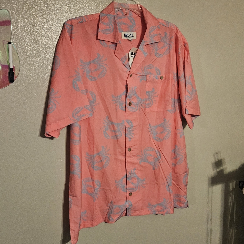 Uzzi Amphibious Wear Mens Button Up Short Sleeve Crab Print Hawaiian Style Shirt